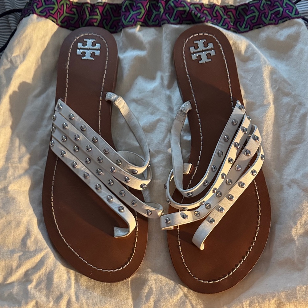 Tory Burch White Studded Multi-Strap Leather Sandals